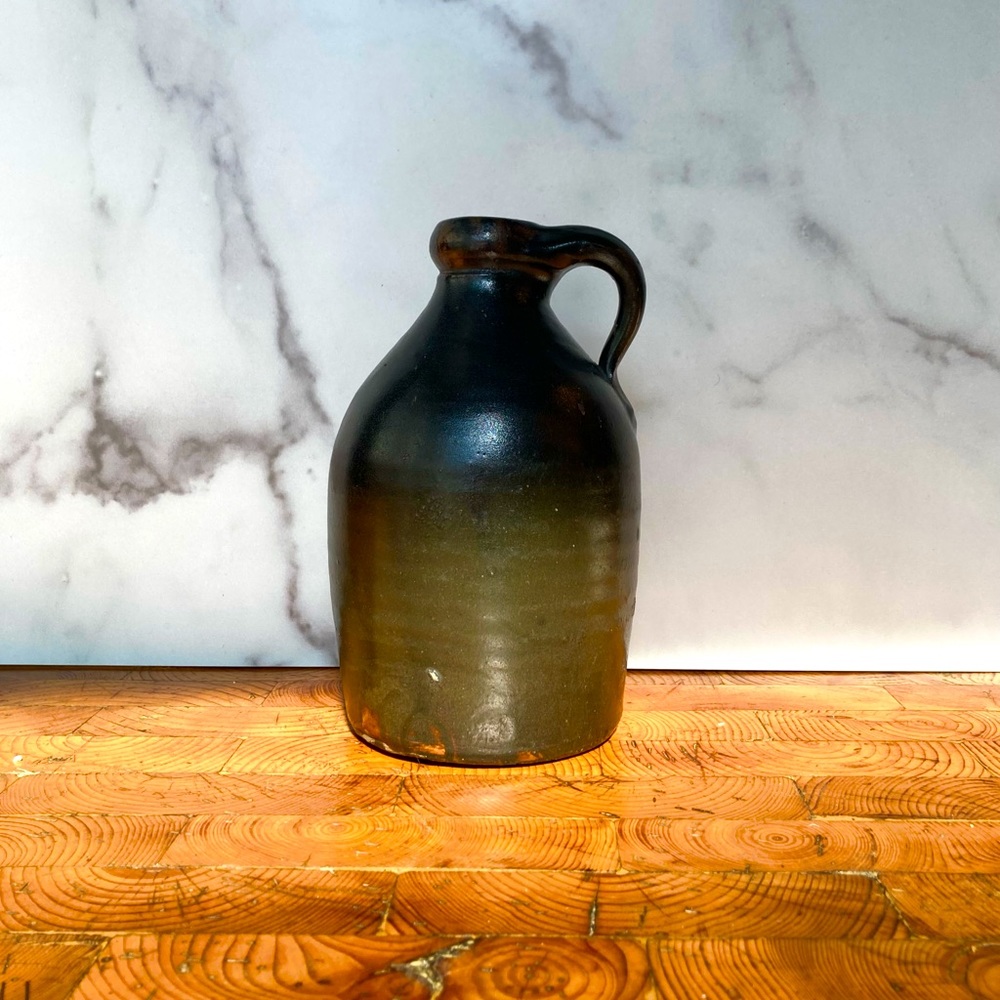 Antique Brown Salt Glaze Ceramic Stoneware Whiskey Storage Jug w/ Finger Handle